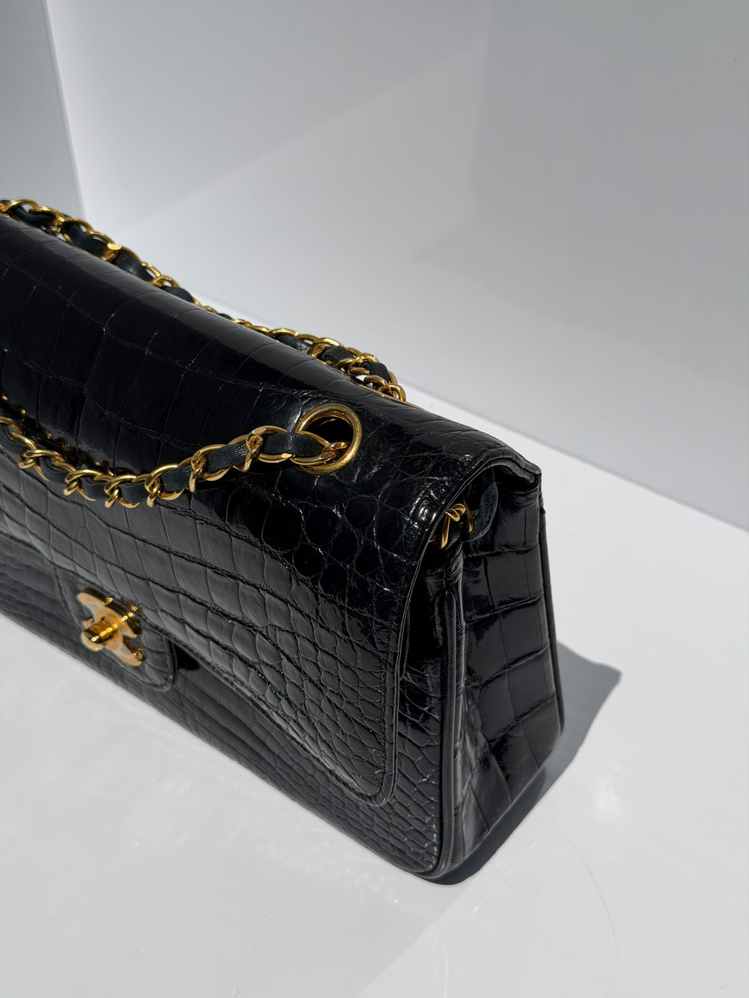 Chanel Medium Classic Flap Bag Alligator Black 24K Plated Gold Hardware 1997