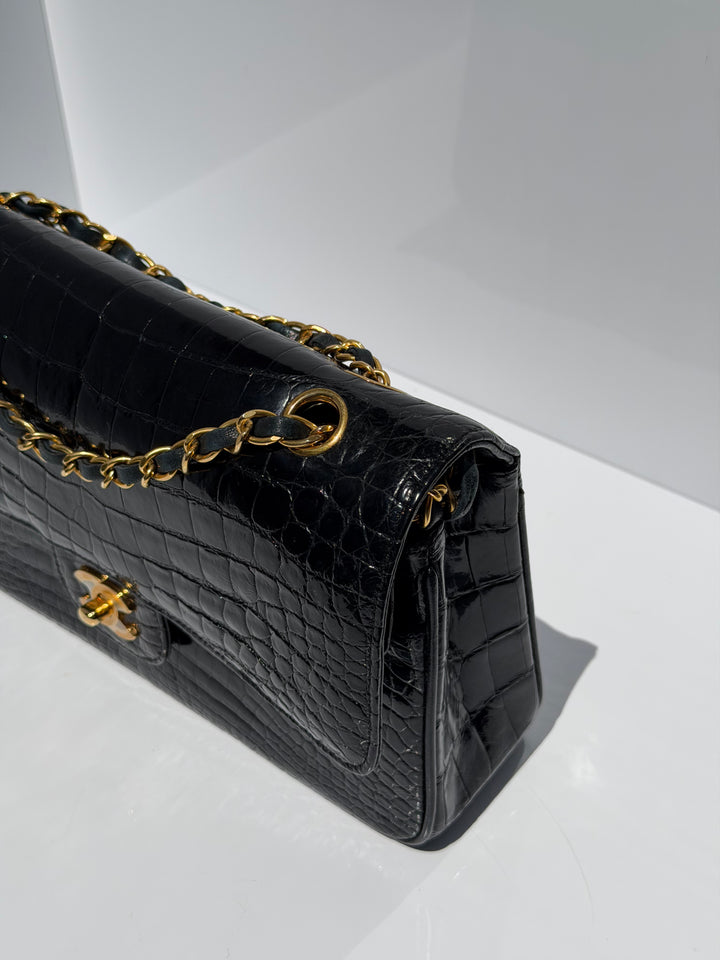 Chanel Medium Classic Flap Bag Alligator Black 24K Plated Gold Hardware 1997