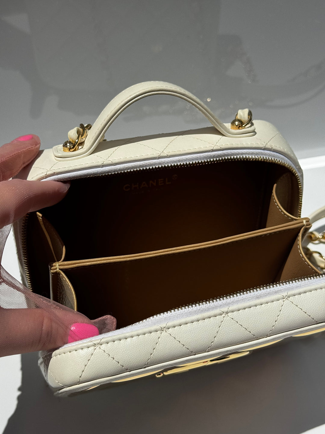 Chanel 21K Small White Lambskin Golden Plate Vanity Case