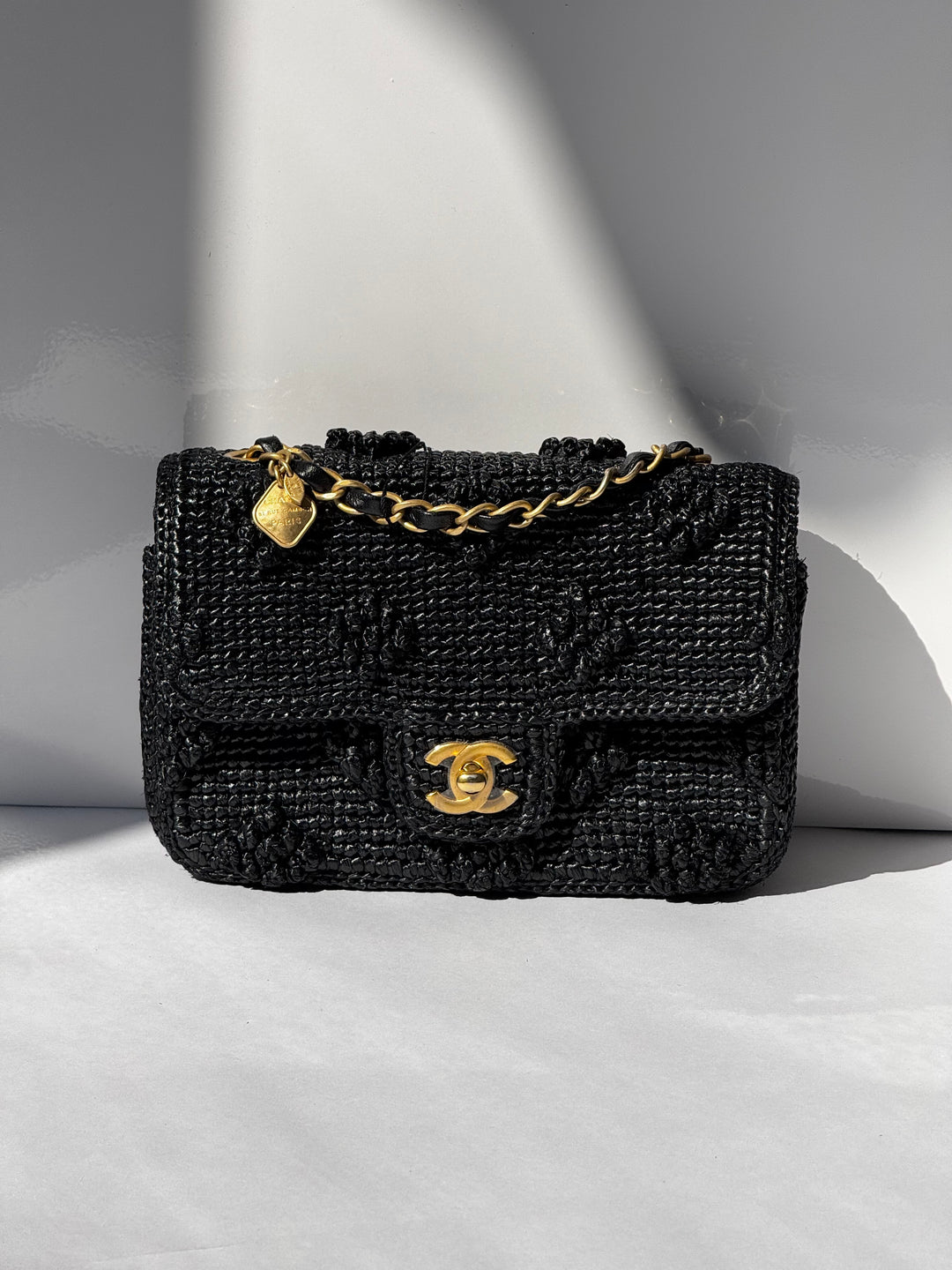 Chanel 24P Black Braided Raffia Mini Flap Bag