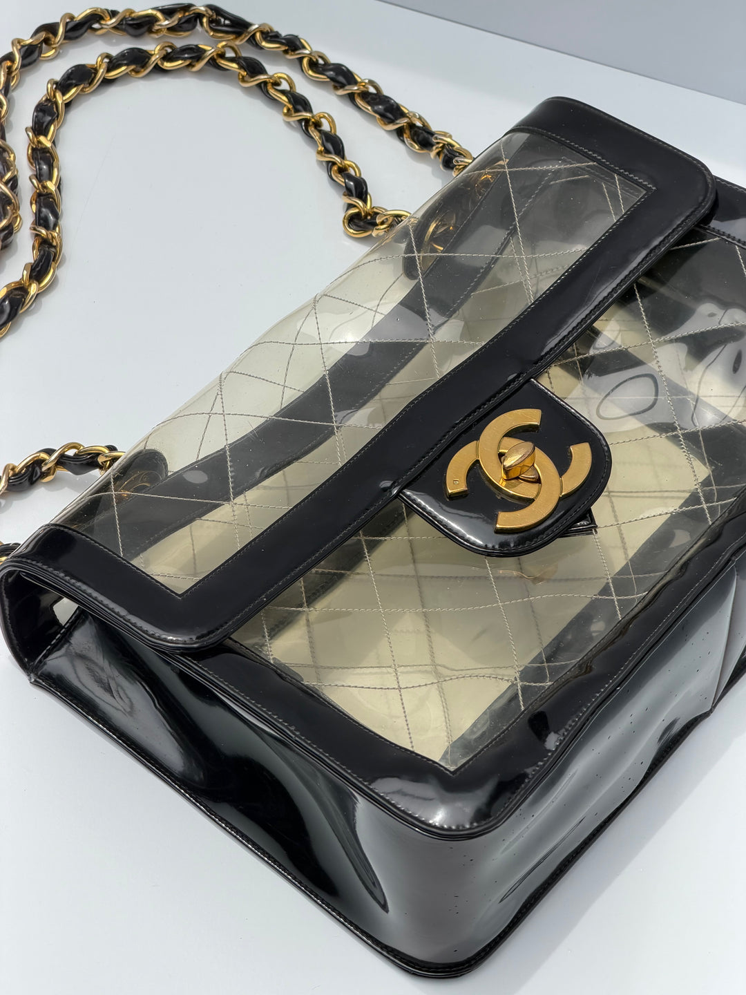 Chanel Maxi Classic Flap Bag Clear Vinyl Black Patent Leather Gold Hardware 1994