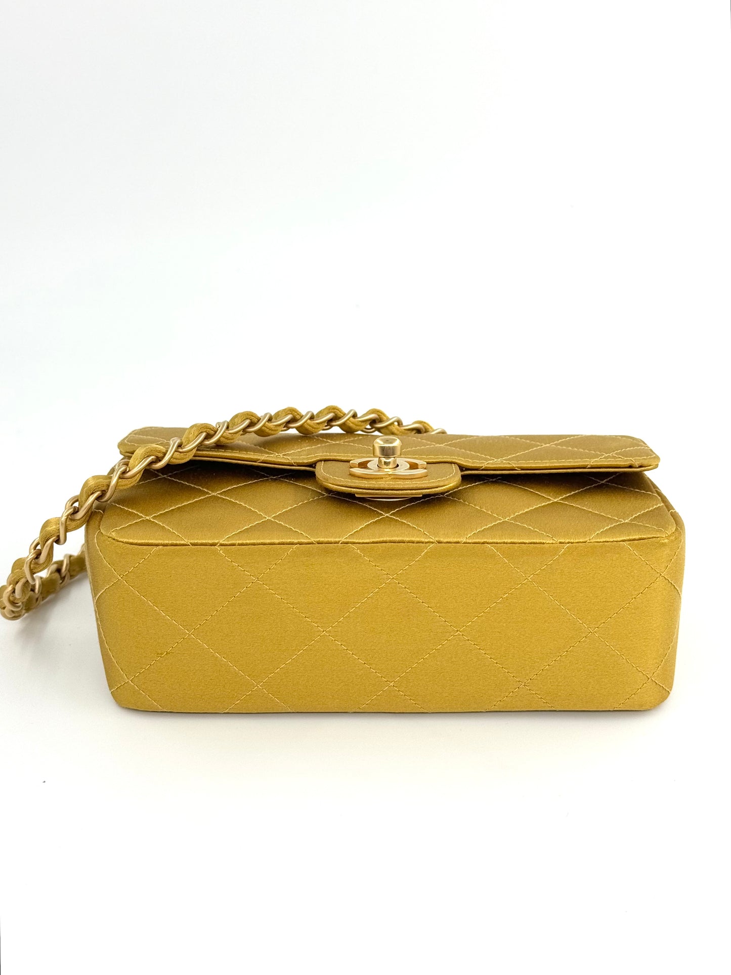 Chanel Gold Satin Mini Rectangle Flap