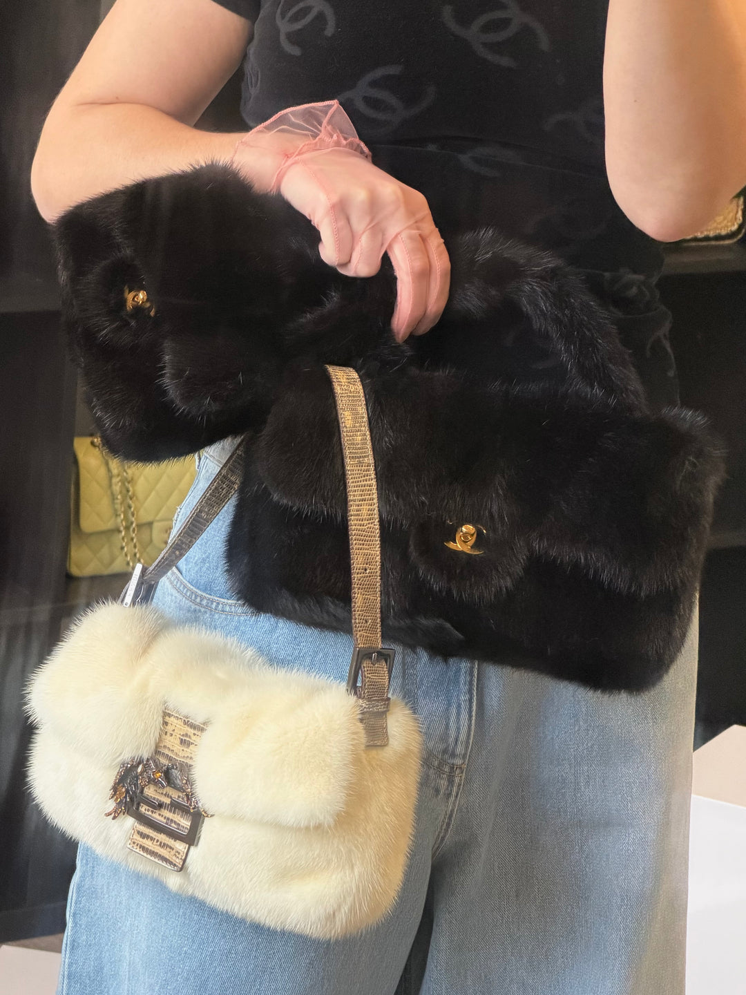 Fendi Crystal Embellished Baguette White Mink Fur Lizard Trim Gold Tone Hardware