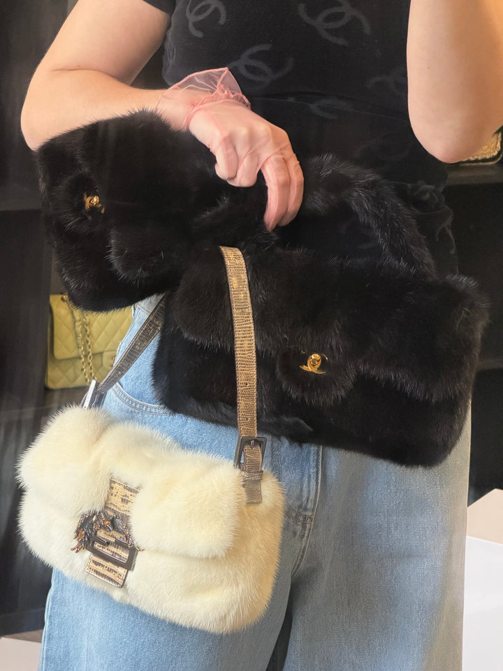 Fendi Crystal Embellished Baguette White Mink Fur Lizard Trim Gold Tone Hardware