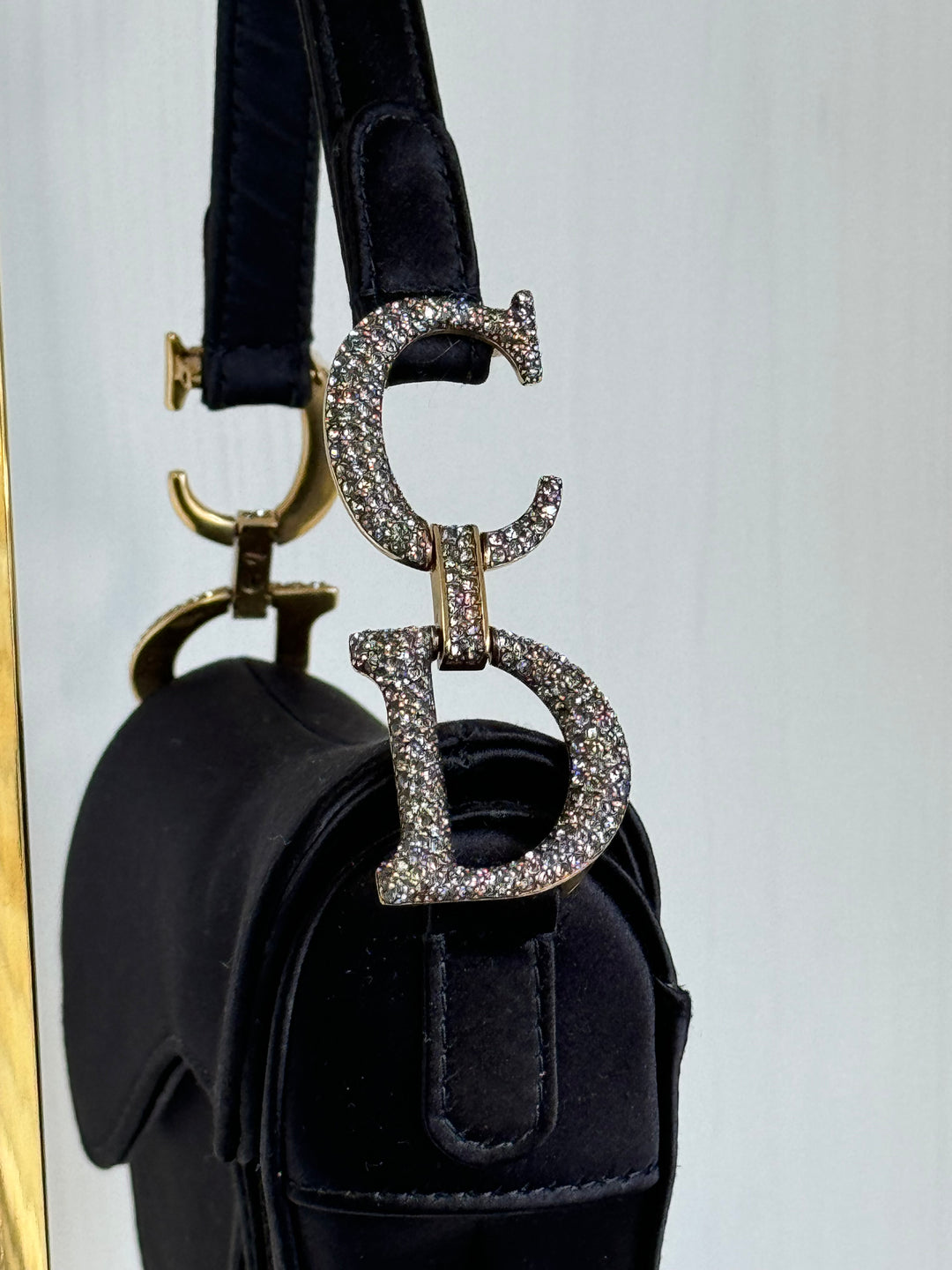 Christian Dior Black Satin Crystal Mini Saddle
