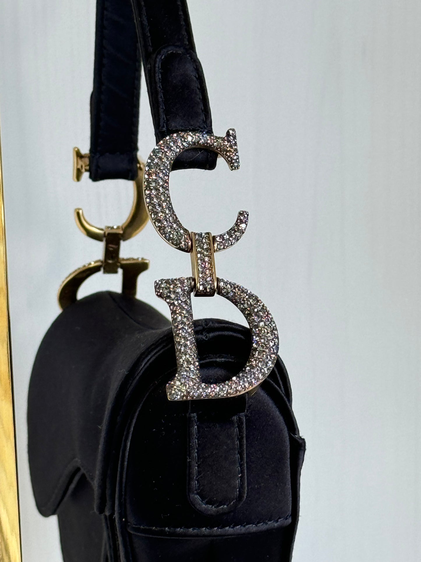 Rare Dior Black Satin Crystal Mini Saddle