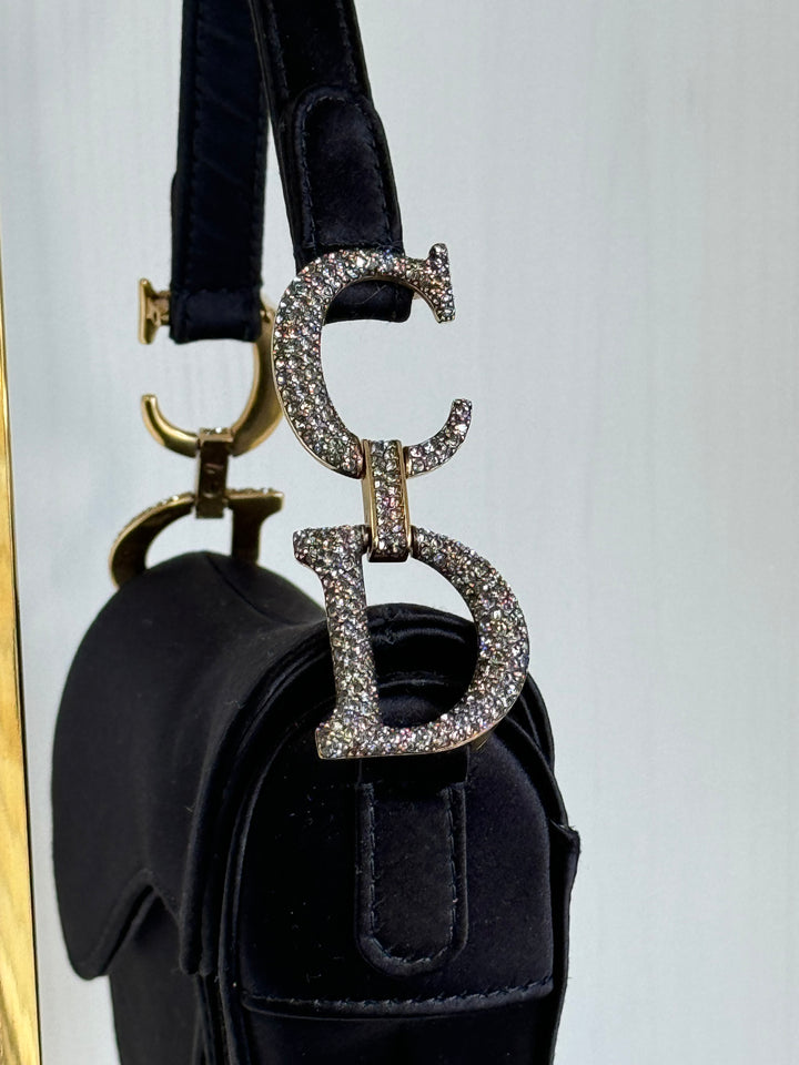 Christian Dior Black Satin Crystal Mini Saddle