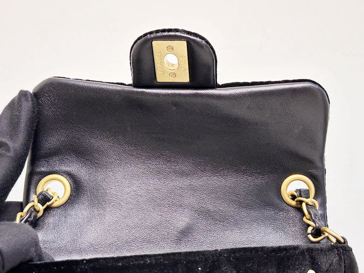 Chanel Black Velvet Mini Pearl Flap Bag