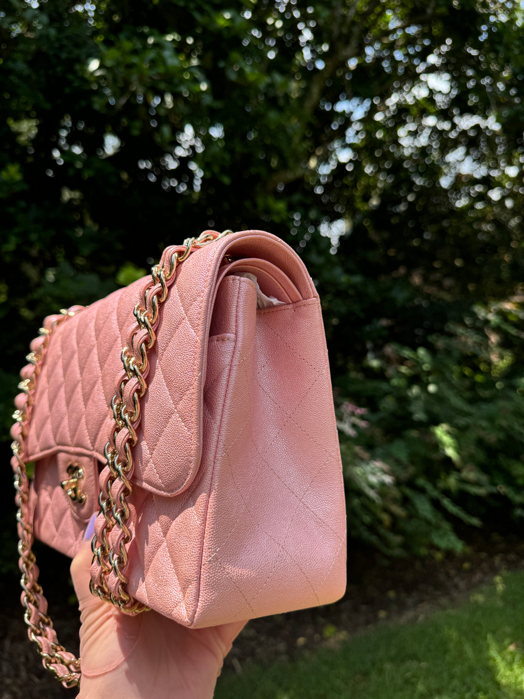 Chanel 19S Pink Iridescent Jumbo Caviar Double Flap Bag