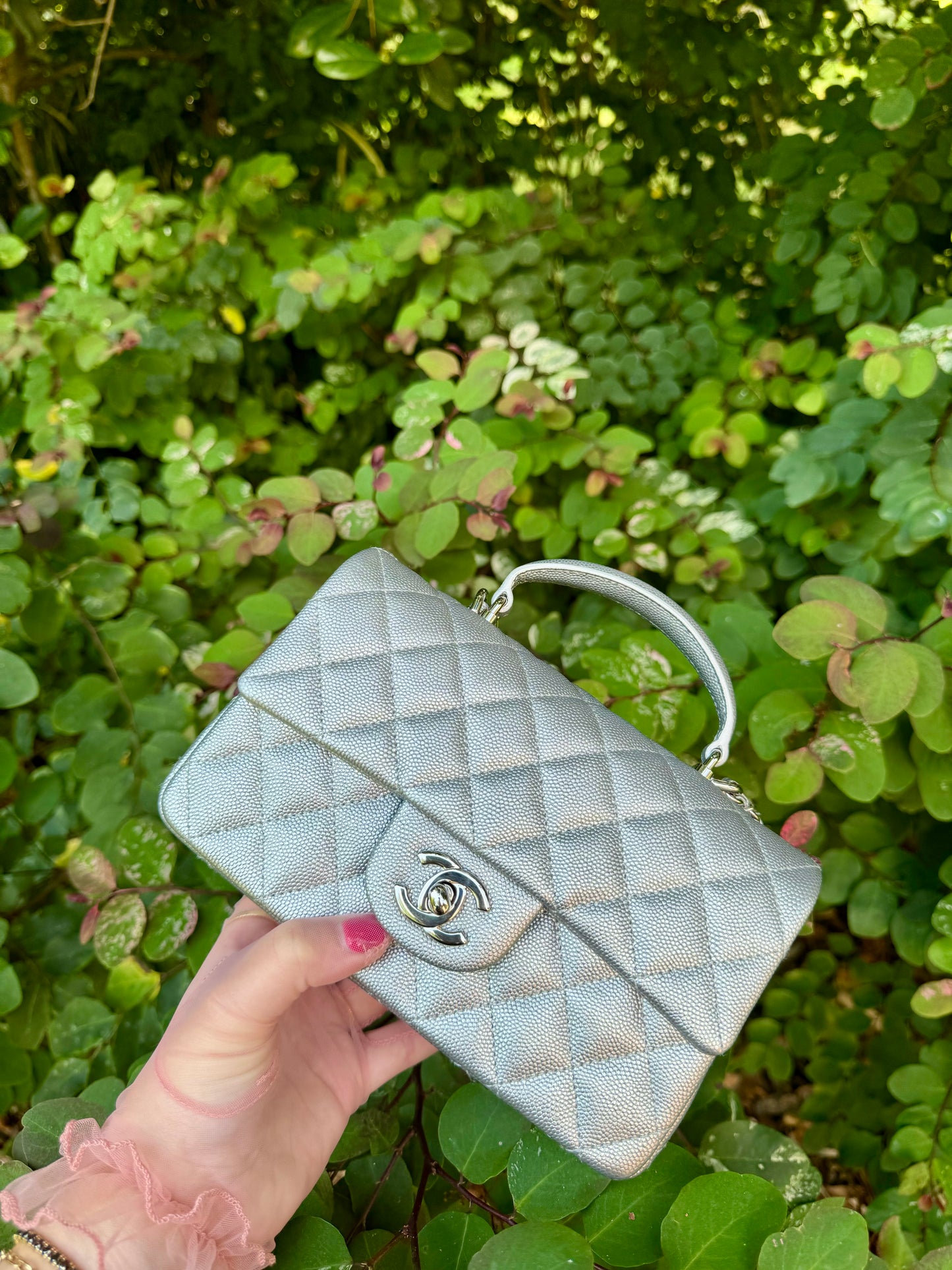 Chanel 21S Mini Metallic Silver Caviar Top Handle