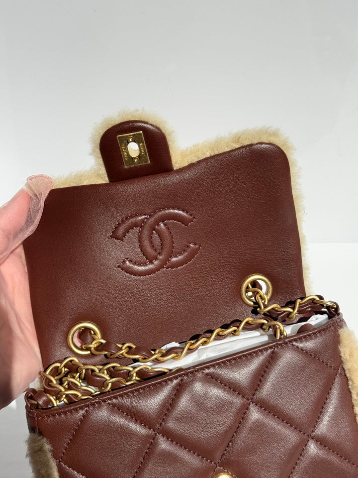Chanel 25K Brown Mini Shearling Flap Bag