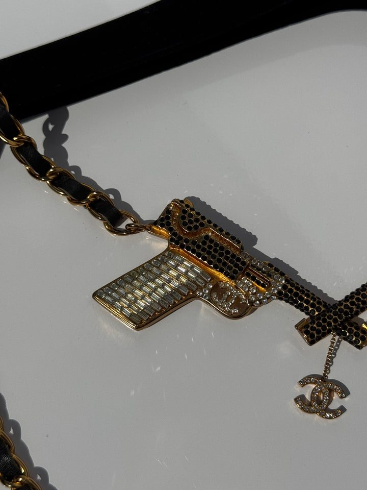Chanel Runway Pistols Belt Necklace Black Leather Crystal Gold Hardware 2001