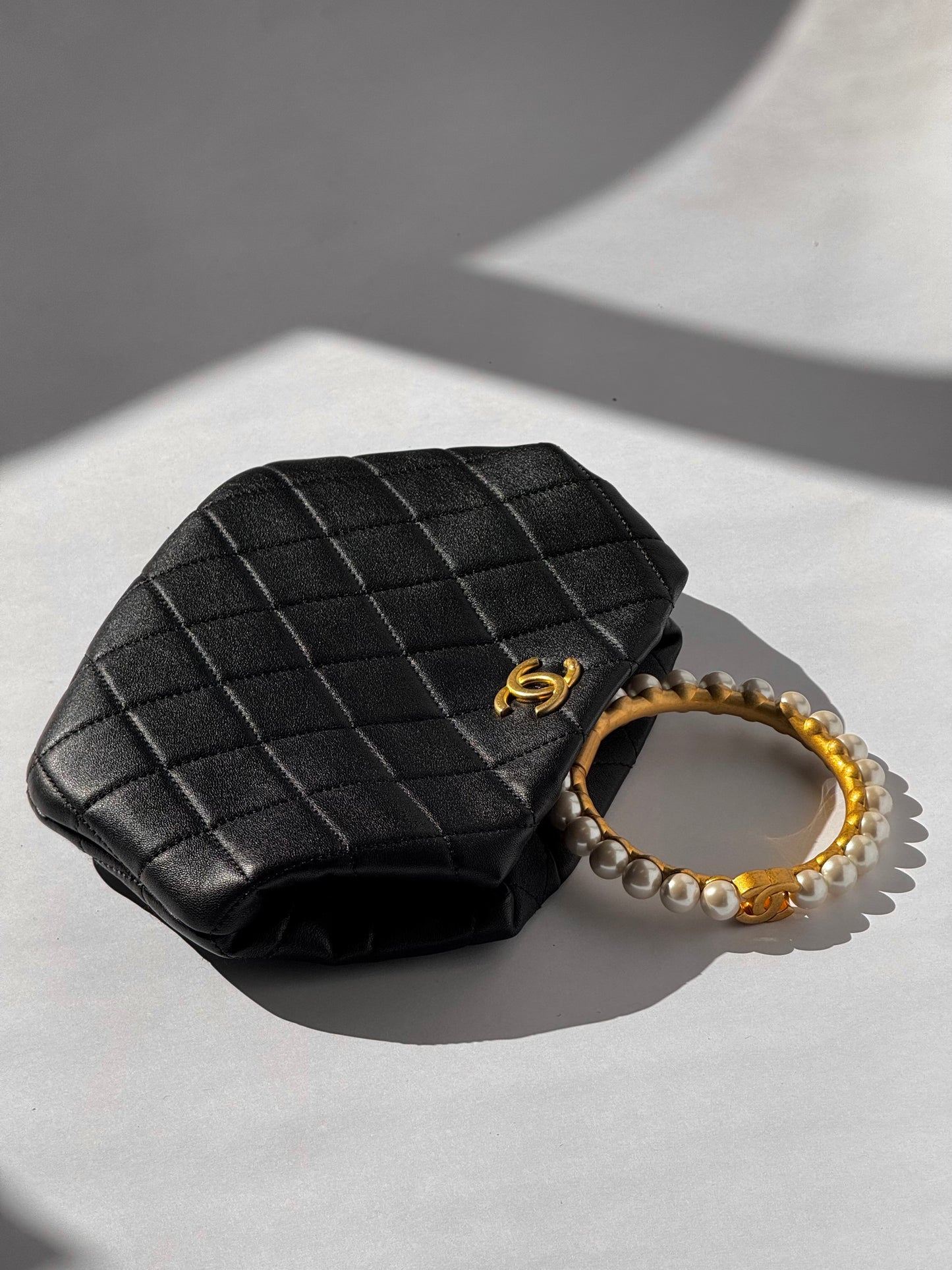 Chanel Black Lambskin Quilted Pearl Clutch