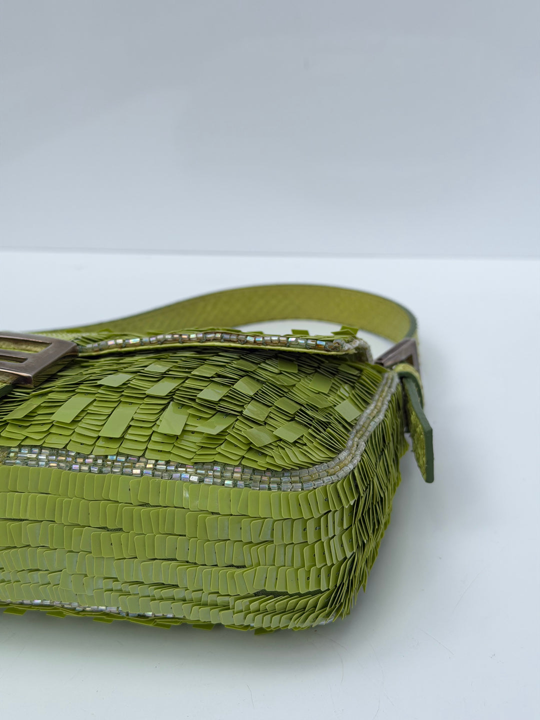 Fendi Lime Green Sequin Baguette Python Trim Silver Hardware 2000