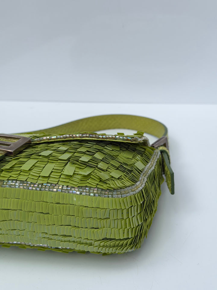 Fendi Lime Green Sequin Baguette Python Trim Silver Hardware 2000