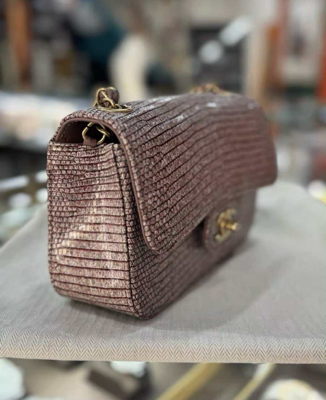 Chanel Mauve Taupe Lizard Mini Rectangular Flap Bag