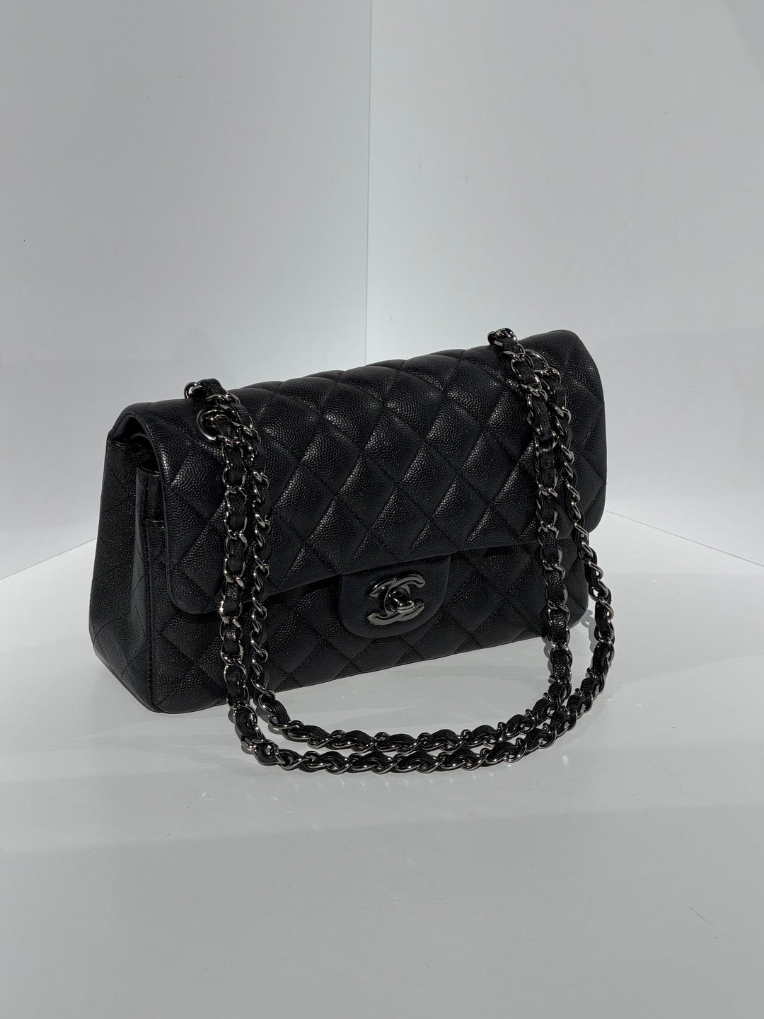 Chanel 18C Black Iridescent Small Caviar Double Flap Bag