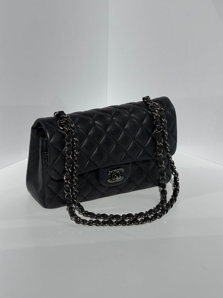 Chanel 18C Black Iridescent Small Caviar Double Flap Bag
