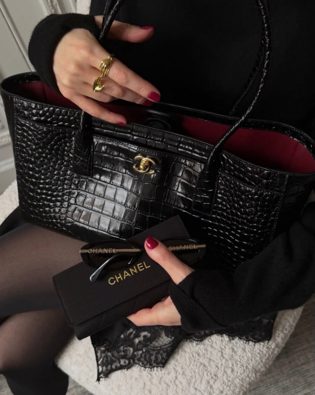 Chanel Small Shopping Bag Crocodile Embossed Calfskin Black 2026