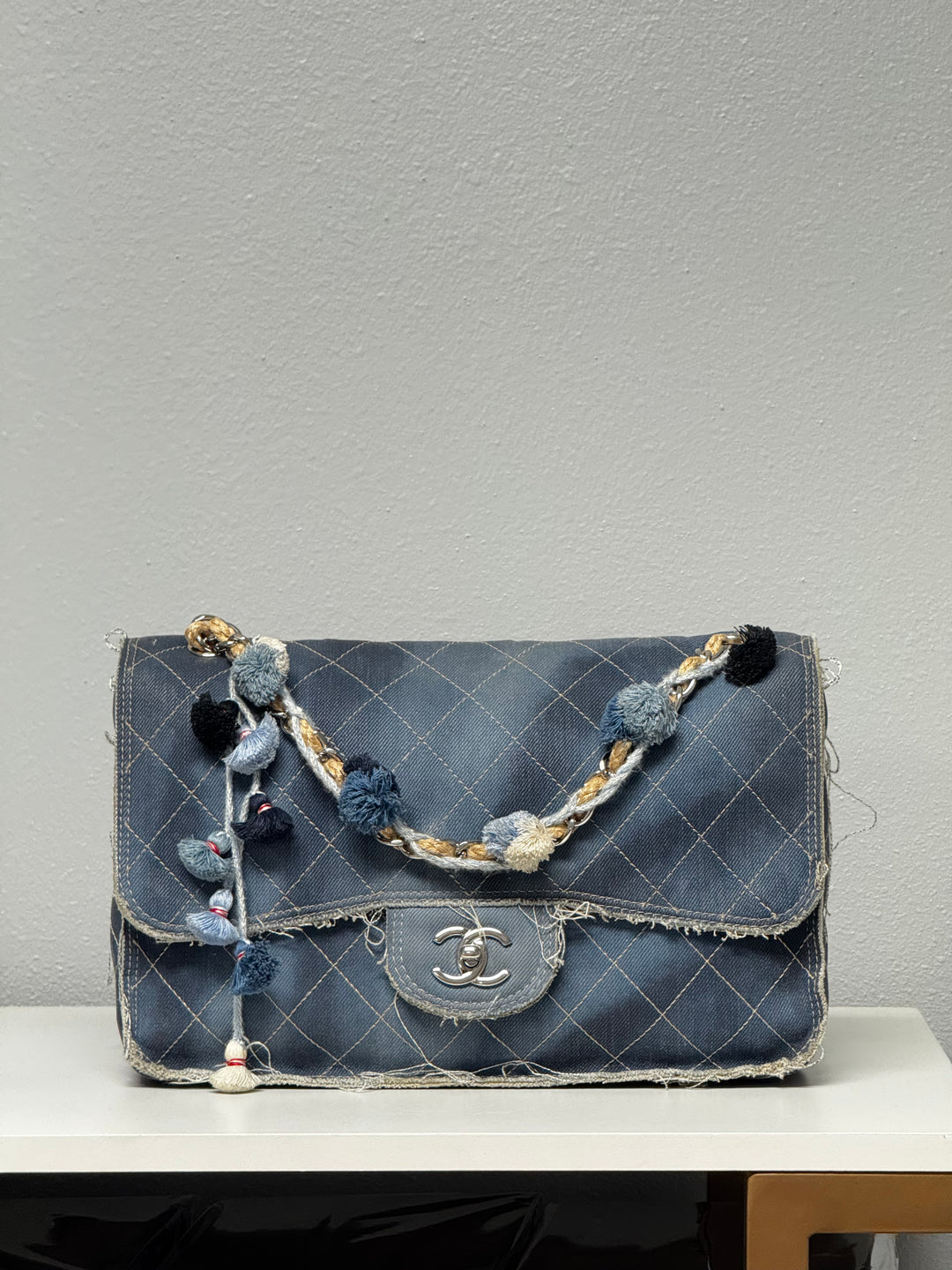 Chanel Denim Paris Dubai Jumbo Pom-Pom Flap