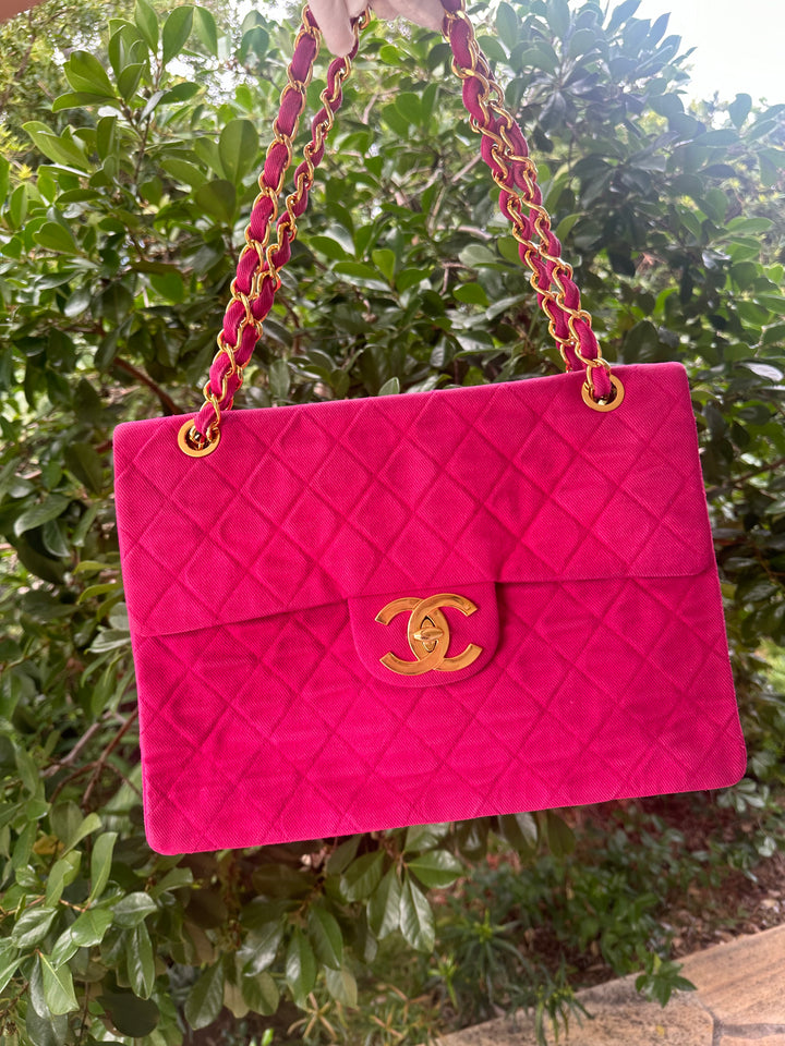 Chanel 1990 RARE Hot Pink Denim Maxi Flap Bag