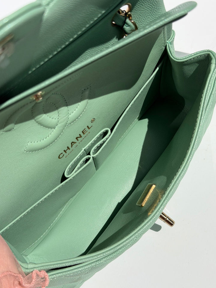 Chanel Small Classic Double Flap Caviar Green Light Gold Hardware 2023
