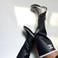 Chanel 22K Black/White Caoutchouc CC Logo Thigh High Rain Boot