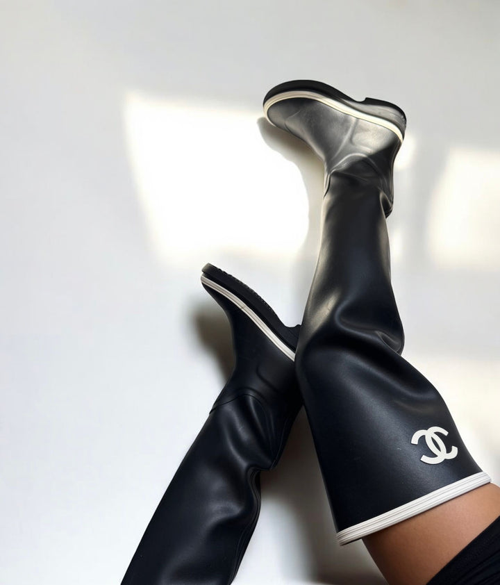 Chanel 22K Black/White Caoutchouc CC Logo Thigh High Rain Boot
