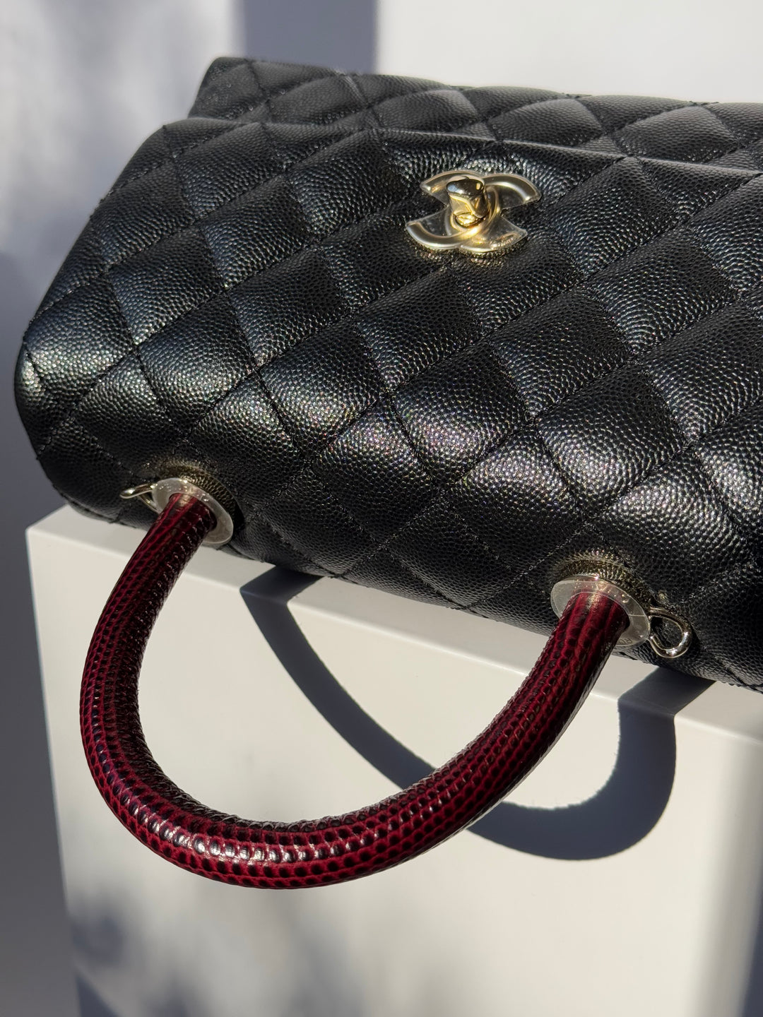 Chanel Small Black Caviar Coco + Burgundy Lizard Top Handle