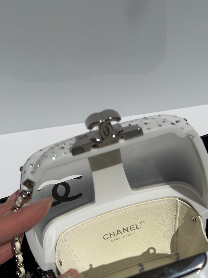 Chanel Ski Gondola Swarovski Minaudière White Silver Hardware 2019