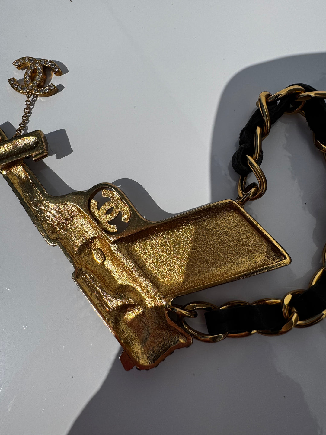 Chanel Runway Pistols Belt Necklace Black Leather Crystal Gold Hardware 2001