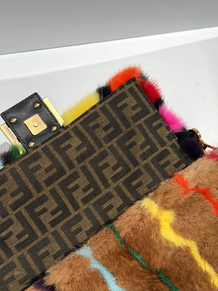 Fendi Baguette Visone Intarsio Arcobaleno Multicolor Mink Fur Gold Hardware 2022