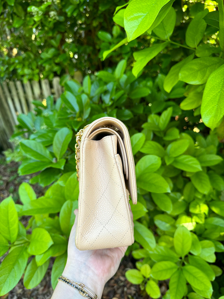 Chanel 2008 Beige Claire Medium Caviar Classic Flap W 24K GHW