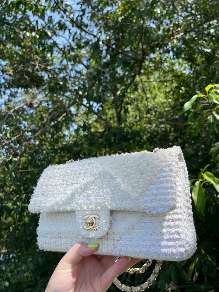 Chanel White Medium Tweed Patchwork Flap Bag