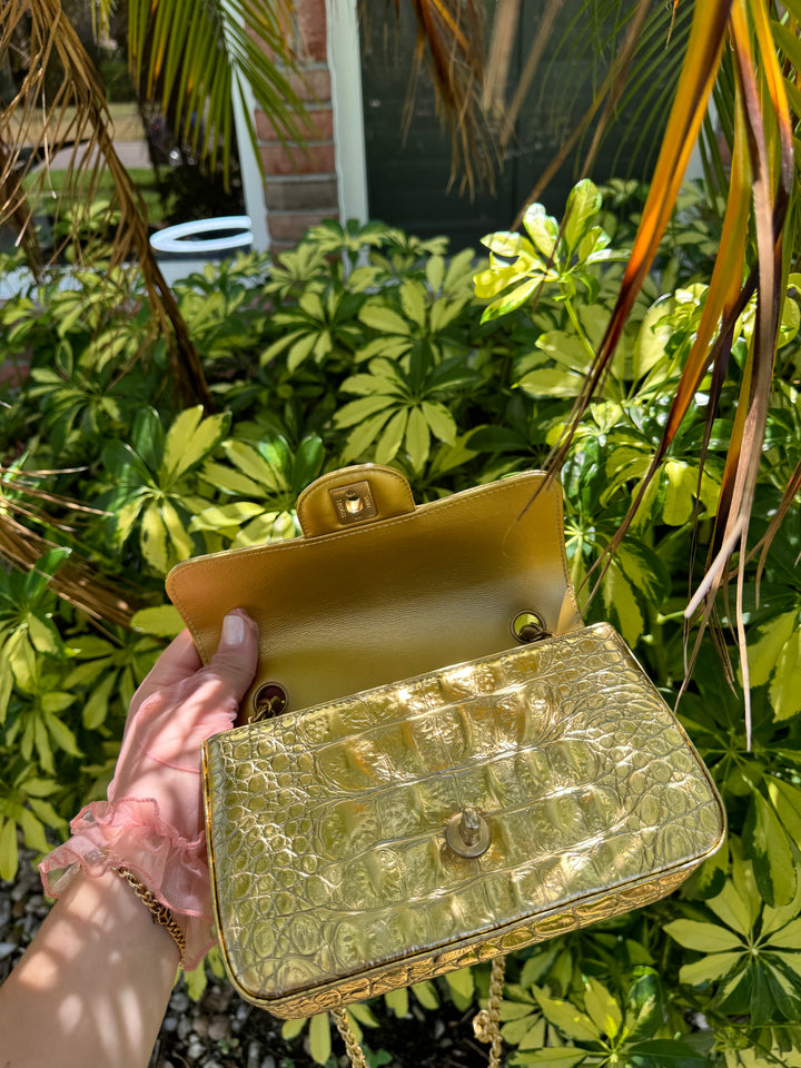 Chanel Gold Croc Embossed Mini Rectangular Flap Bag