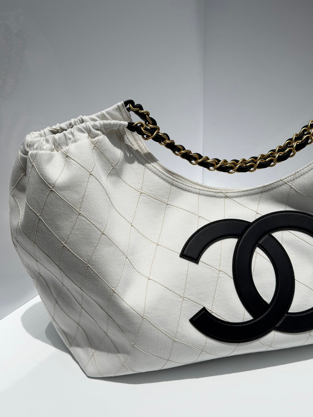 Chanel Coco Beach Maxi Shopping Bag White Denim Black Calfskin Gold Hardware 2026