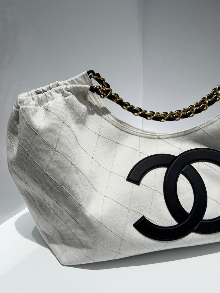 Chanel Coco Beach Maxi Shopping Bag White Denim Black Calfskin Gold Hardware 2026