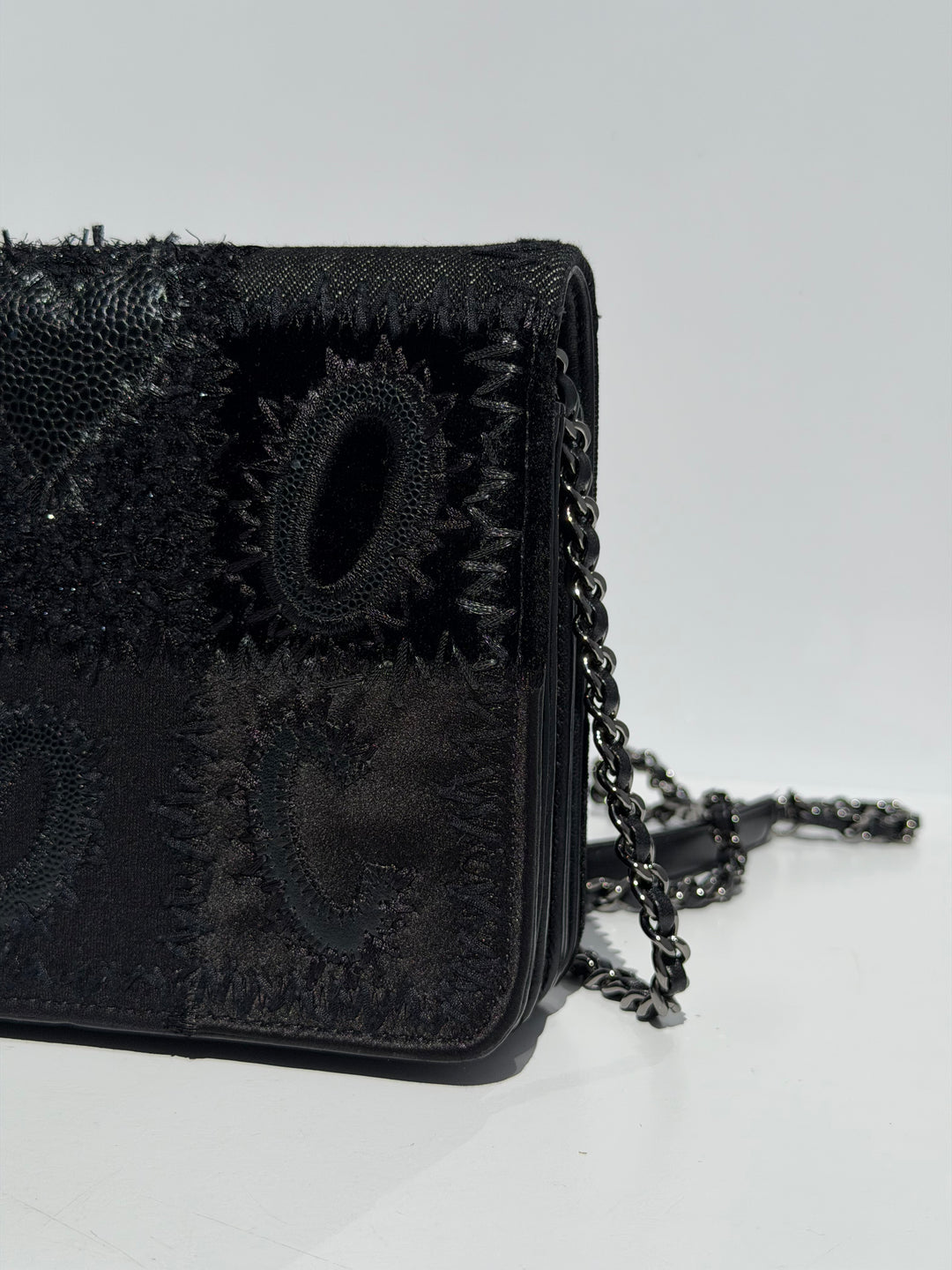 Chanel Black Mixed Media Patchwork Square Wallet on Chain Silver Hardware 2018