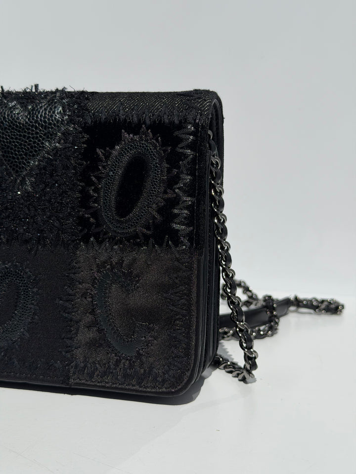Chanel Black Mixed Media Patchwork Square Wallet on Chain Silver Hardware 2018