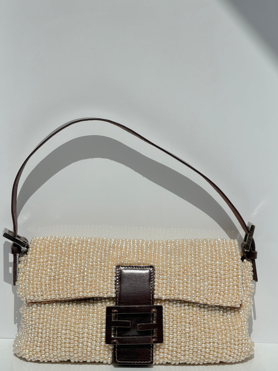 Fendi Pearl Embellished Baguette Brown Leather Trim Silver Hardware 2009