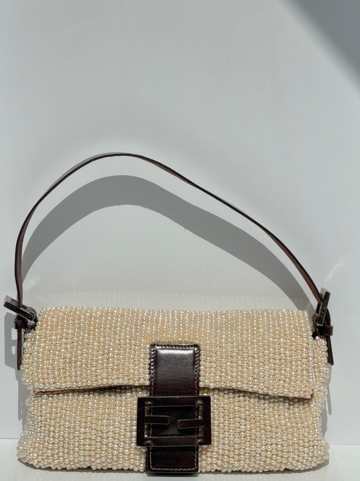 Fendi Pearl Embellished Baguette Brown Leather Trim Silver Hardware 2009