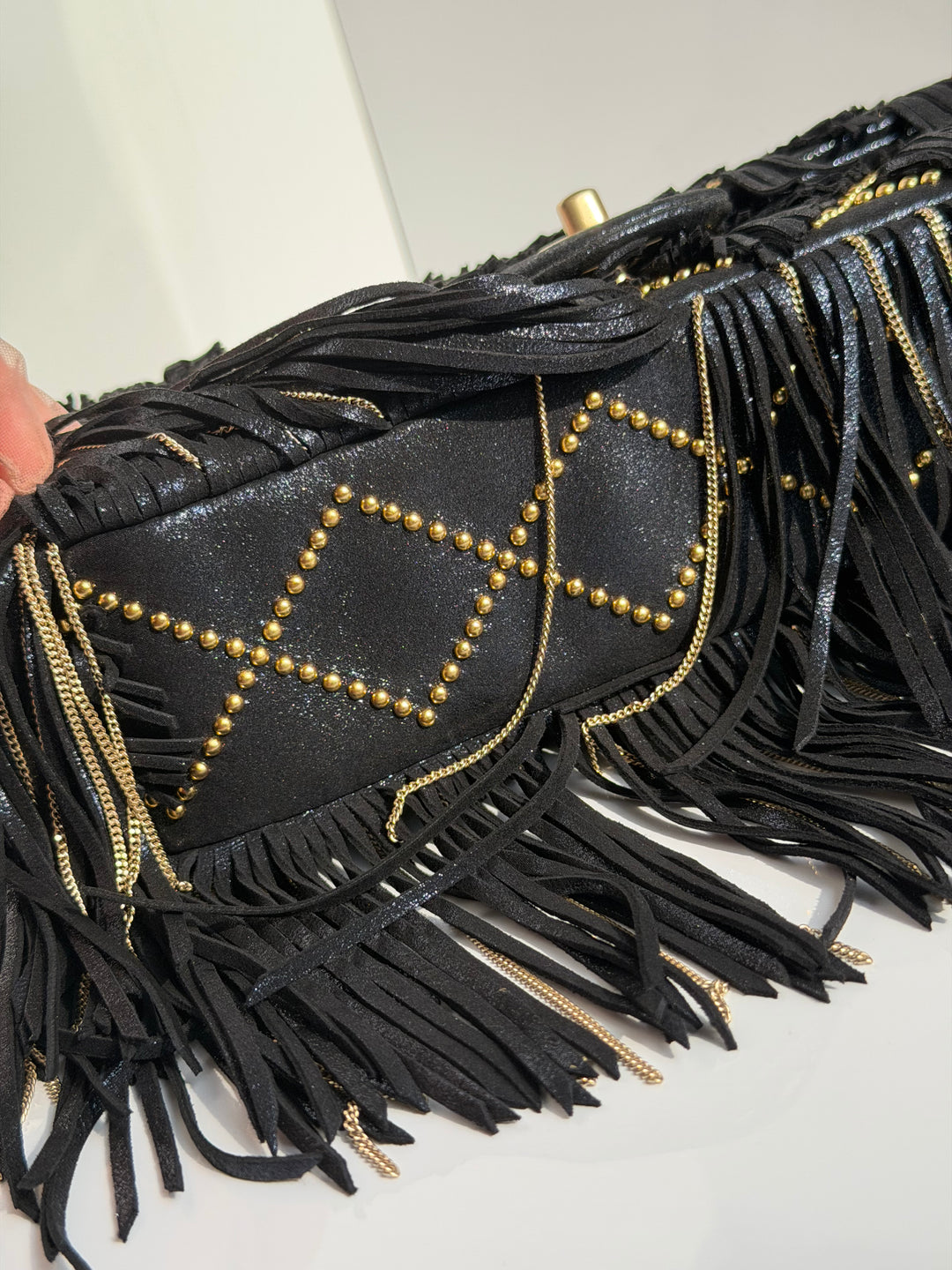 Chanel Paris-Dallas Medium Fringe Flap Bag Black Iridescent Leather Brushed Gold Tone Hardware 2014