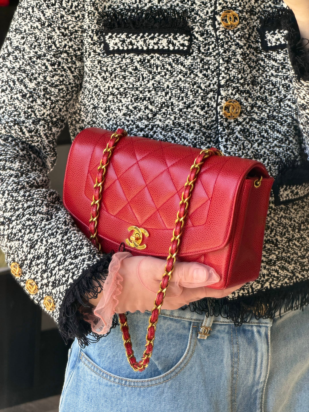Chanel Small Diana Flap Bag Caviar Red 24K Plated Gold Hardware 1994