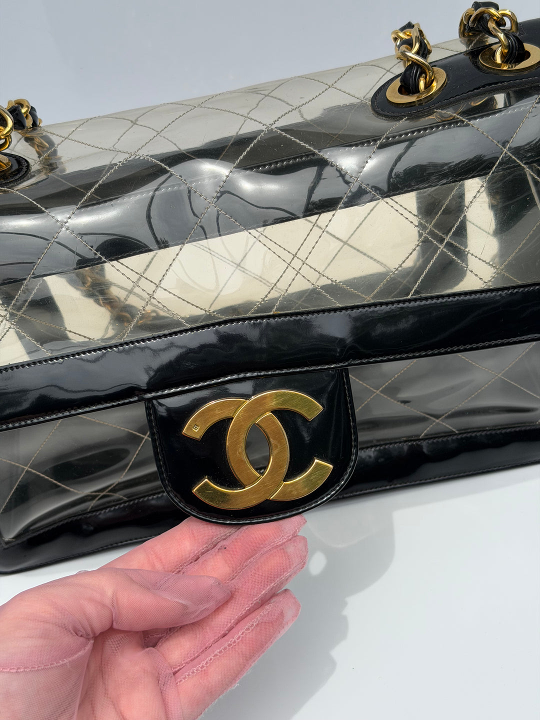 Chanel Maxi Classic Flap Bag Clear Vinyl Black Patent Leather Gold Hardware 1994