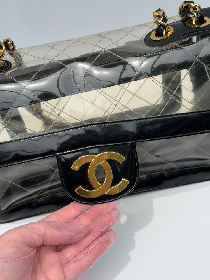 Chanel Maxi Classic Flap Bag Clear Vinyl Black Patent Leather Gold Hardware 1994