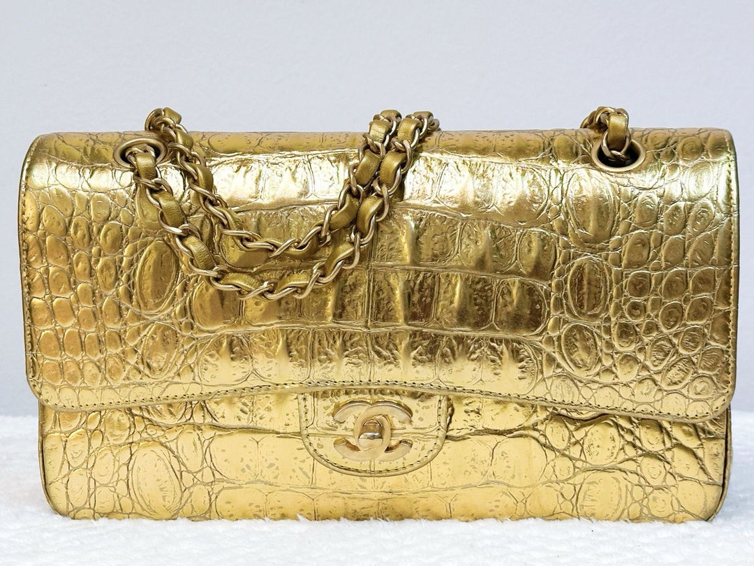 Chanel Metallic Gold Croc Embossed Medium Classic Flap Bag