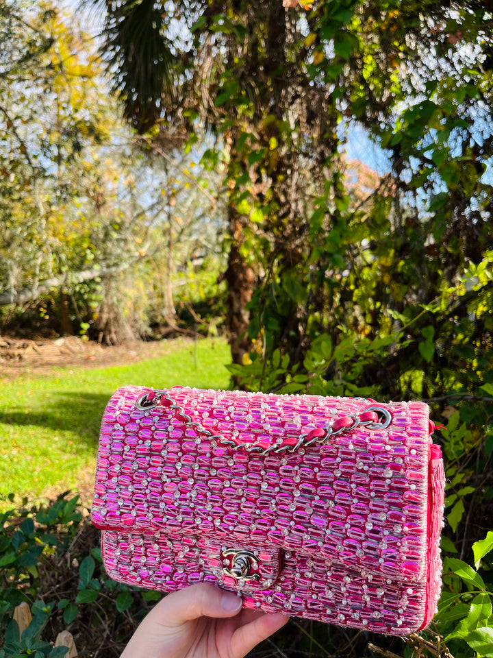 Chanel Pink Beaded Satin Medium Double Flap Bag