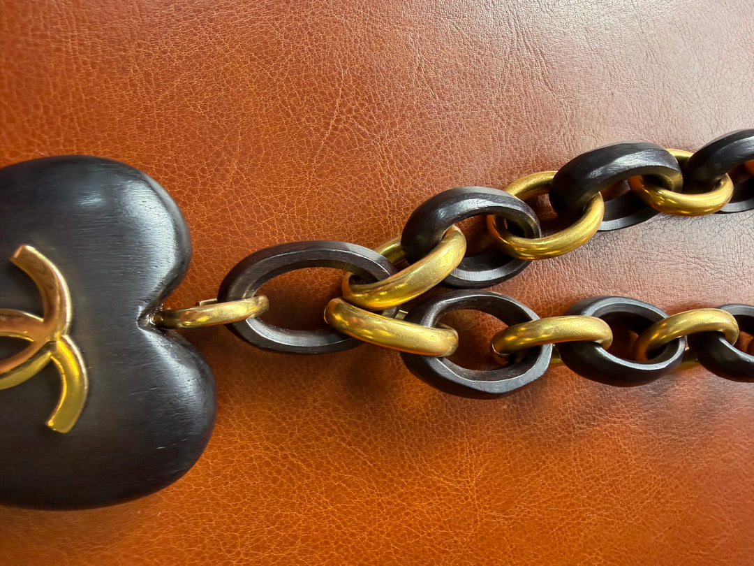 Chanel Vintage Wood Heart CC Pendant Necklace 1993