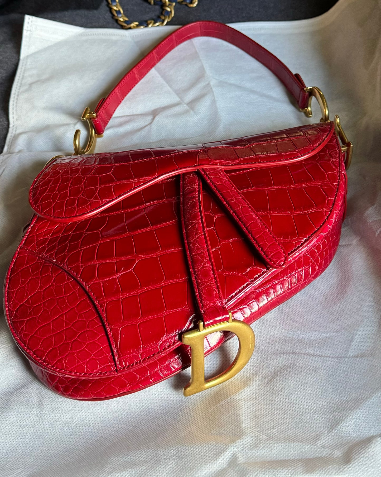 Christian Dior Medium Red Alligator Saddle