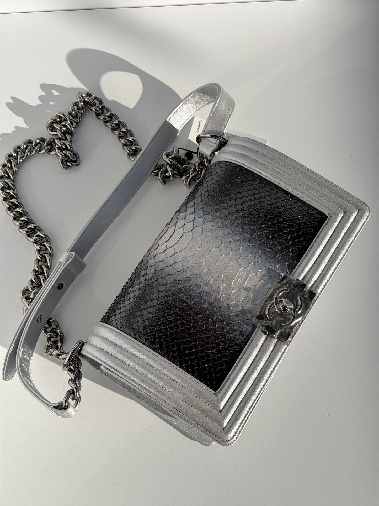 Chanel 16K Silver Python Old Medium Boy Bag